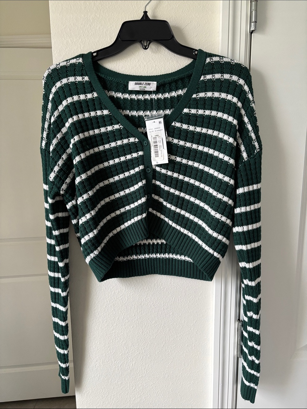 Double Zero Dark Green & White Striped V‑Neck Cropped Cardigan